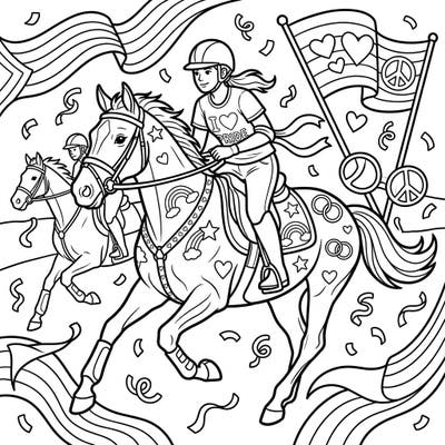 Celebrate the vibrant spirit of Pride Month with this exciting coloring page featuring mounted games riders. Join these talented equestrians and their beautifully adorned horses in a festive scene bursting with joy and diversity.