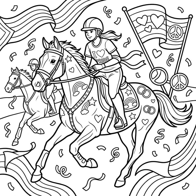 Celebrate the vibrant spirit of Pride Month with this exciting coloring page featuring mounted games riders. Join these talented equestrians and their beautifully adorned horses in a festive scene bursting with joy and diversity.