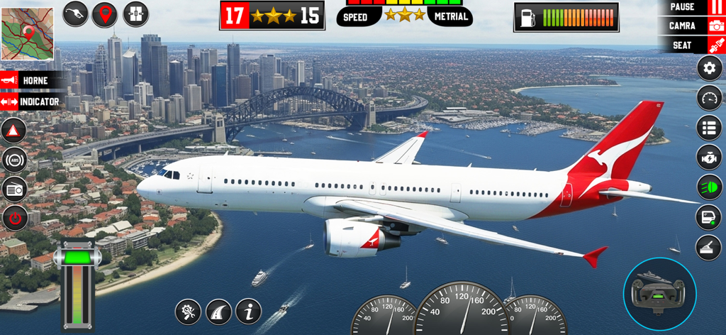A 3D commercial jet flying over a city harbor and bridge in Flight Simulator Pilot Game 3D.