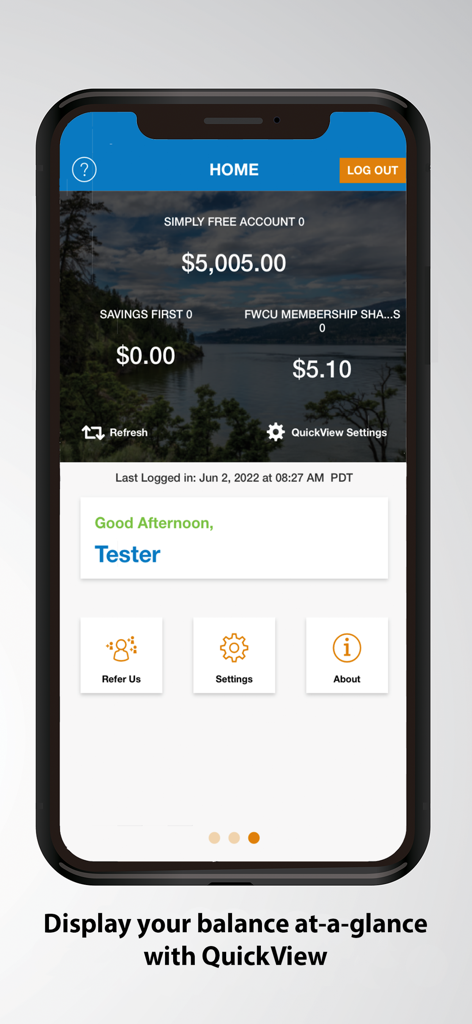 Valley First mobile app home screen showing account balances using the QuickView feature