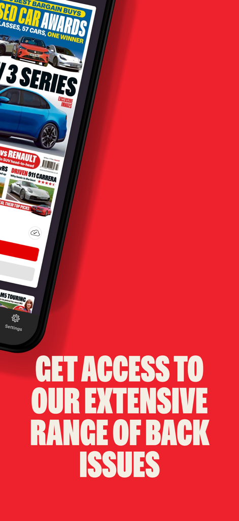Auto Express-App-Oberfläche, die das Archiv früher Ausgaben der Autozeitschrift auf rotem Hintergrund zeigt.