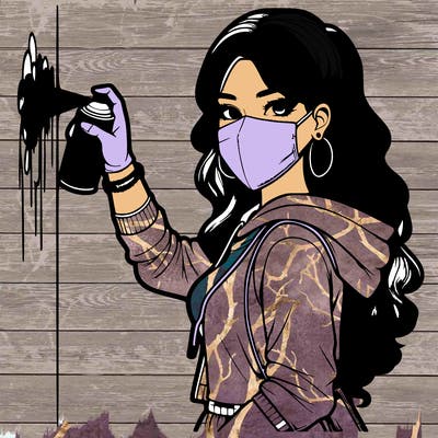 realistic girl with mask spray painting a wall