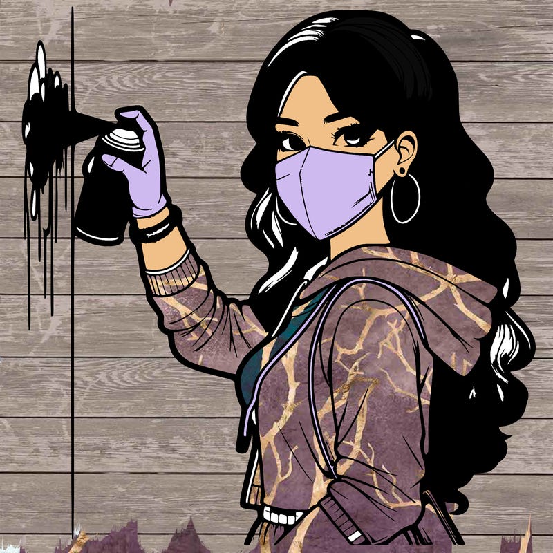 realistic girl with mask spray painting a wall