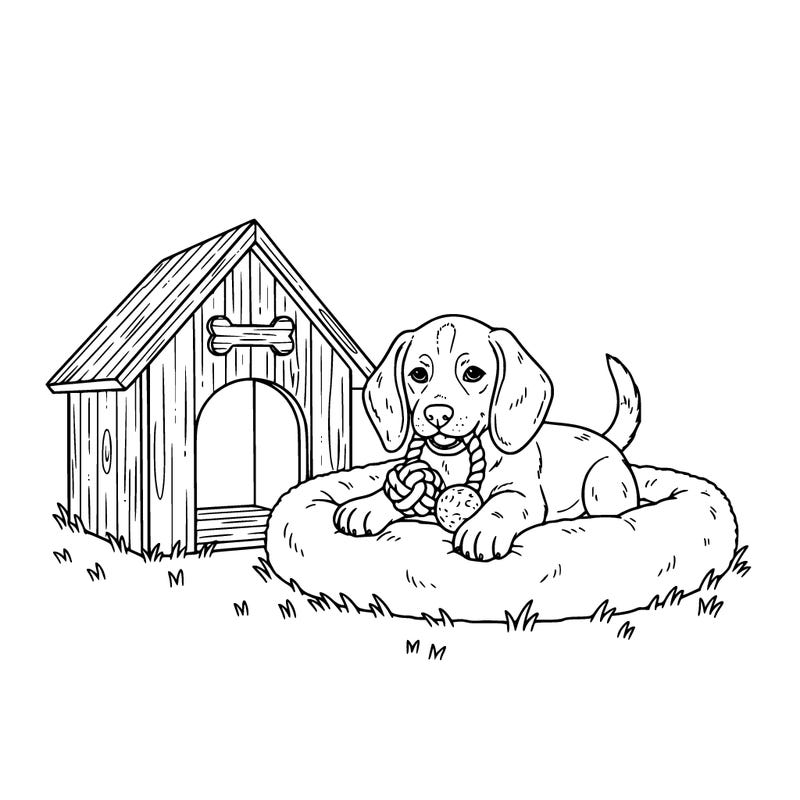 border beagle puppy outside next to a dog house on a bed with a toy in his mouth