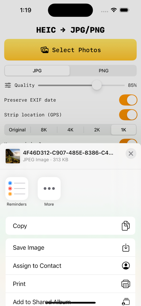 HEIC to JPEG/PNG - User interface of the HEIC to JPEG/PNG app showing photo conversion settings and share options