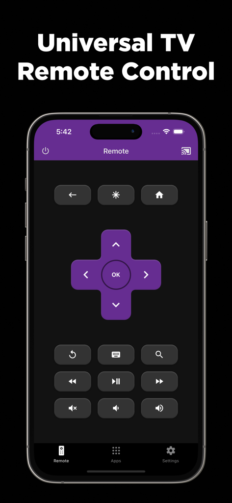 Una pantalla de smartphone mostrando la aplicación Control Remoto TV Universal con un panel direccional morado y varios botones de control.