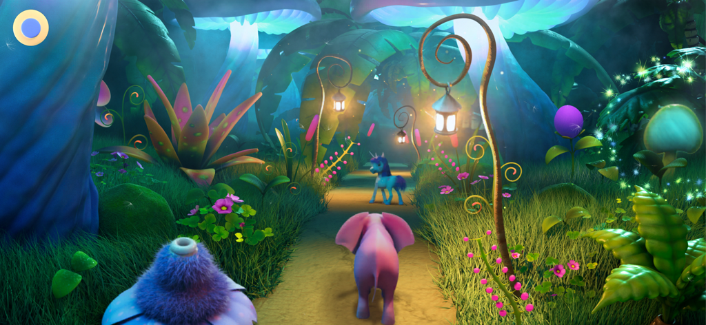 Dinkytoon Interactive Stories - Un elefantito rosa caminando por un bosque encantado hacia un unicornio azul con hongos brillantes y linternas.