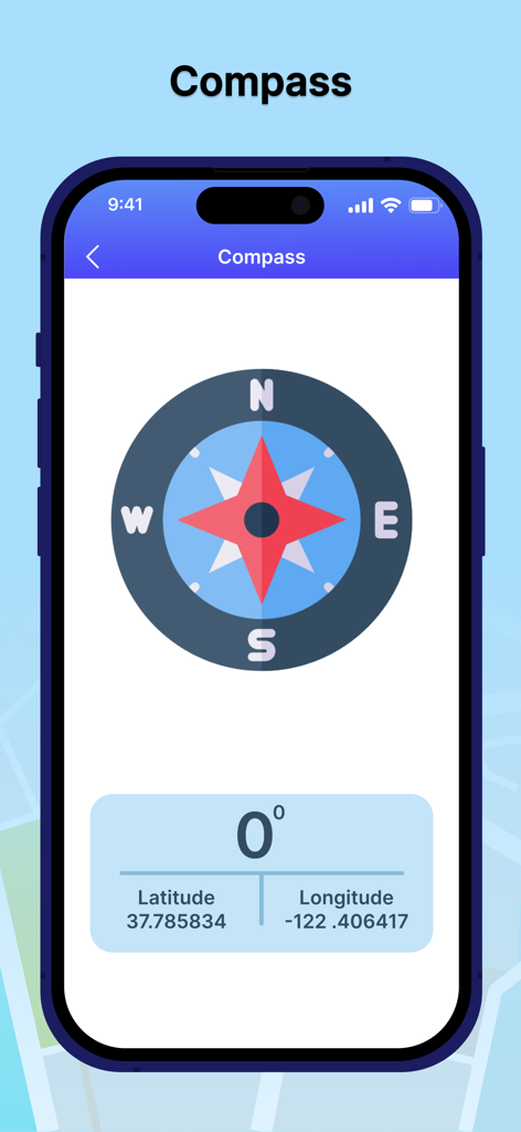 Digitale Kompass-Oberfläche zeigt eine Ausrichtung von null Grad mit Breiten- und Längengradkoordinaten an.