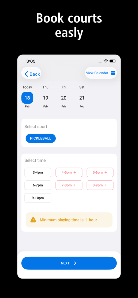 Pickleball court booking screen on The Picklr mobile app