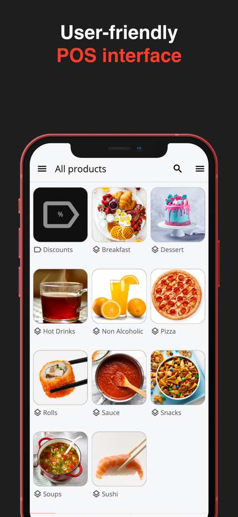 Alto’s POS & Inventory System - Écran de l'application mobile Alto’s POS affichant une interface de catégorie de produits conviviale pour les petites entreprises.