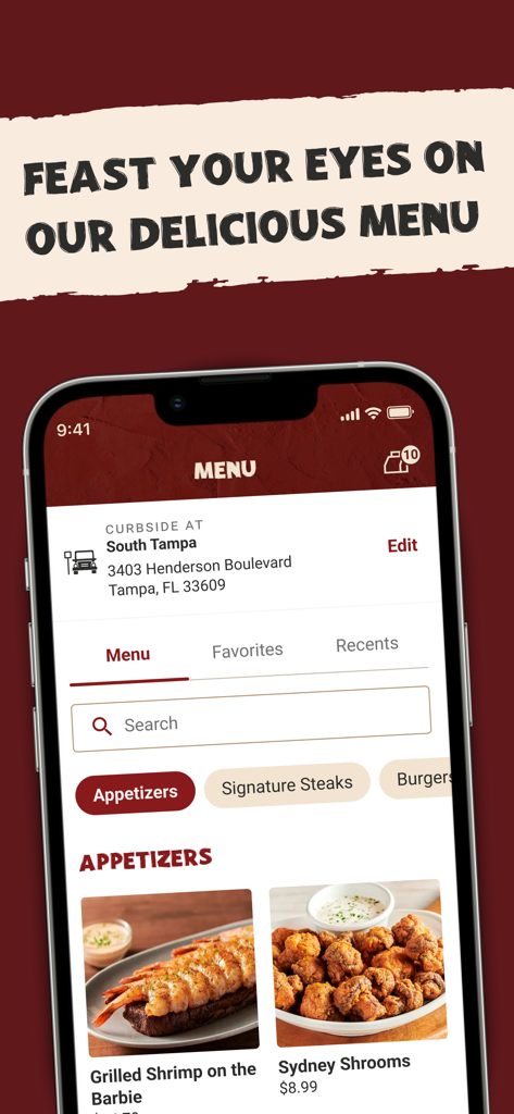 Outback Steakhouse - Aplicación móvil de Outback Steakhouse mostrando el menú de comida con aperitivos e información de recogida en la acera