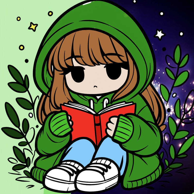 girl in oversized hoodie reading a book