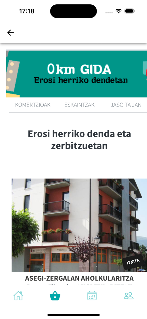 A screen from the Erran app showing the local shop and service guide for Basque communities