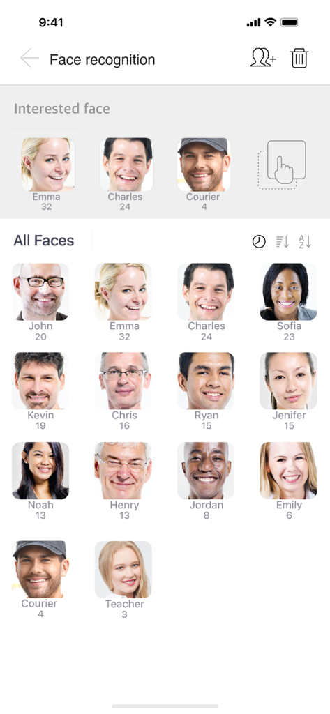 Oberfläche der Wisenet SmartCam Plus App mit einer Gesichtserkennungsfunktion und verschiedenen identifizierten Profilen wie Familie und Kuriere