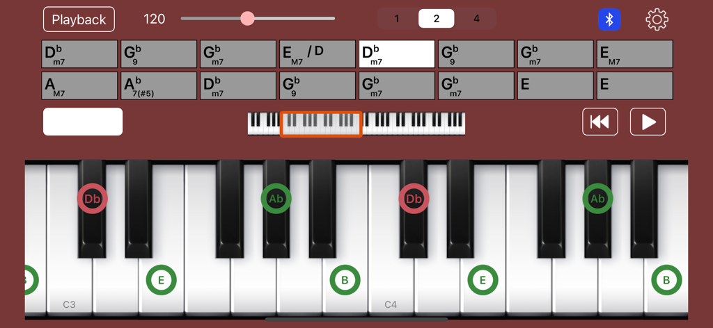 Piano Chords Master [Classic] - Interface of the Piano Chords Master app showing a 16 bar chord progression sequencer and a virtual piano keyboard with highlighted notes