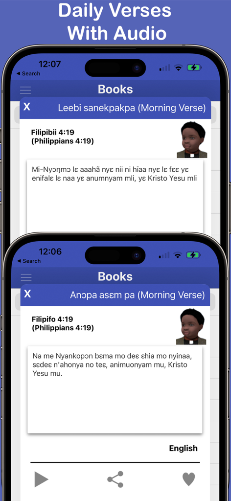 Two mobile phone screens displaying daily Bible verses in Ga and Twi with English translations and audio playback options