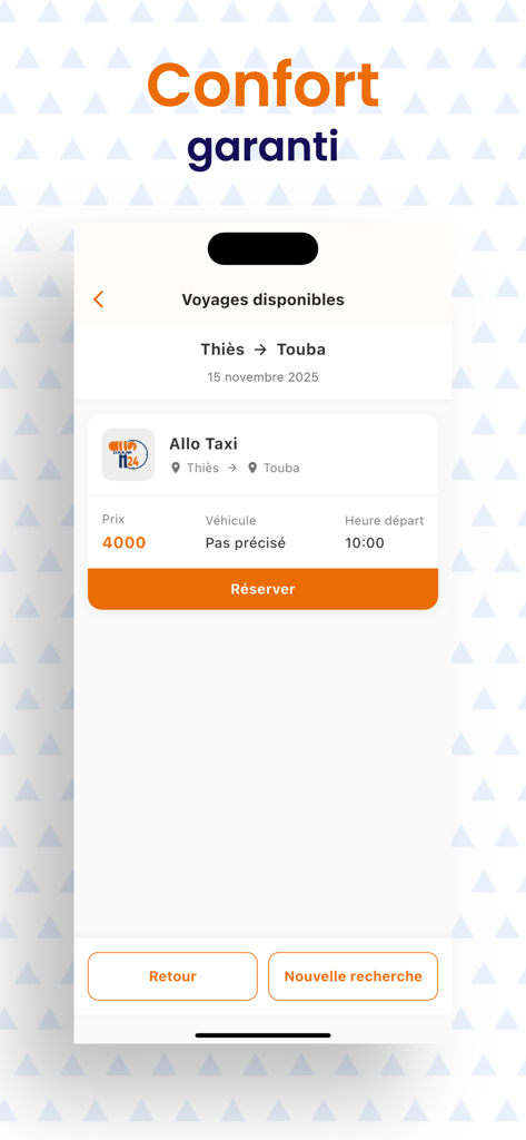 L'application Allo Dakar H24 affichant les trajets de taxi disponibles de Thiès à Touba avec le prix et le bouton de réservation