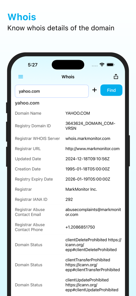 ManageEngine Ping Tool - Interfaz de la aplicación ManageEngine Ping Tool mostrando una consulta Whois para yahoo.com con información detallada de registro de dominio.