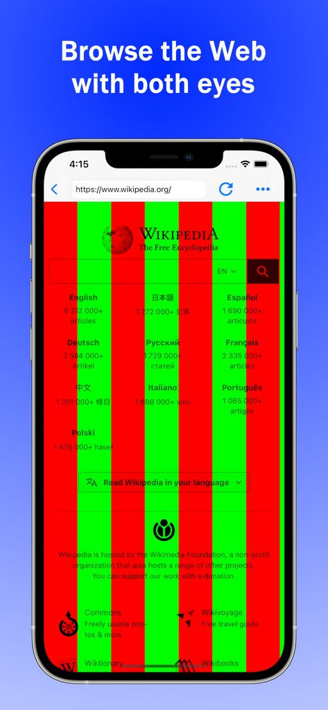 GamE-blyopia - Amblyopia Games - iPhone screen showing a web browser with red and green anaglyph filters for binocular vision therapy
