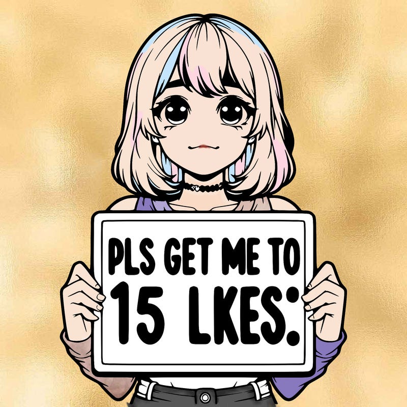 realistic girl holding up a sign that says “pls get me to 15 likes!”