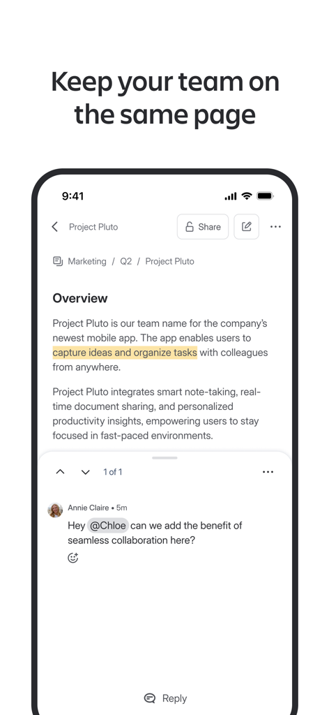 Confluence Cloud mobile app interface showing a project overview with team comments and mentions.