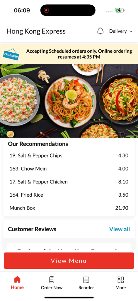 Hong Kong Express - Interface do aplicativo móvel Hong Kong Express mostrando recomendações de comida como chow mein e arroz frito com um botão ver menu