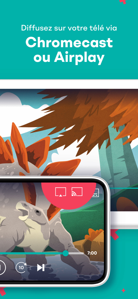 TV5MONDEplus - Écran de l'application mobile TV5MONDEplus montrant la fonctionnalité de diffusion sur un téléviseur via Chromecast ou Airplay.