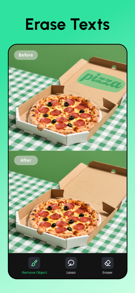 Remove Objects: Pic Retouch AI - Before and after comparison of removing text from a pizza box using AI retouching tool