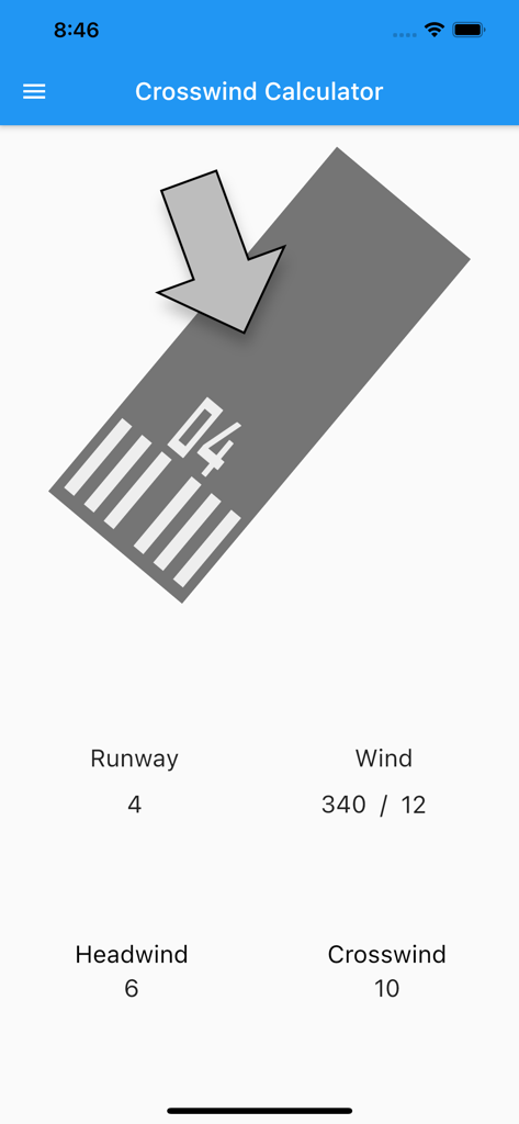 Crosswind Calculator - Crosswind Calculator app interface displaying headwind and crosswind components for runway 04