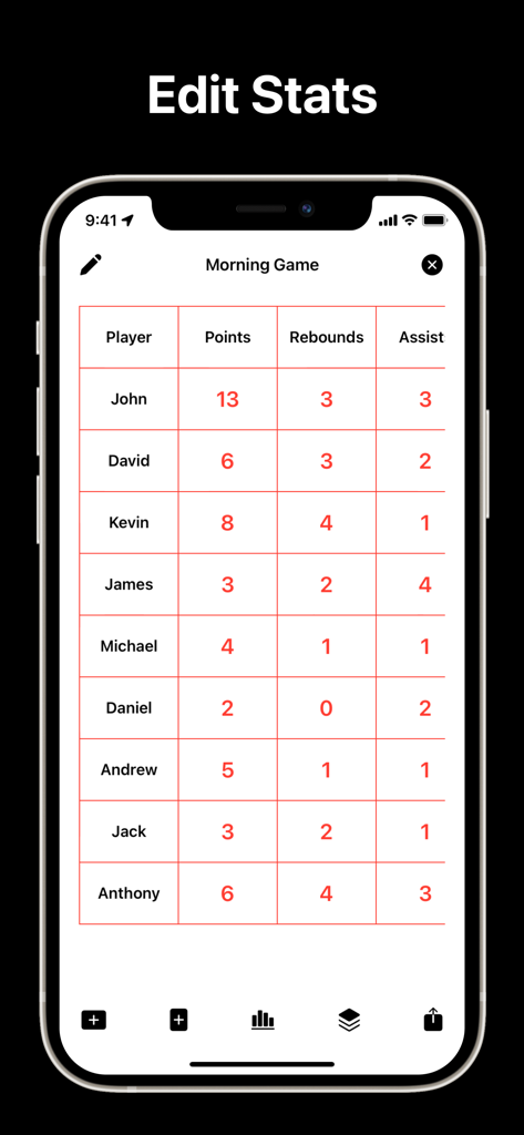 Mobile interface for editing player game statistics including points and rebounds