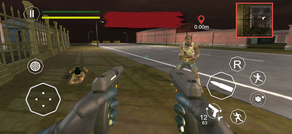 Zombie Games Survival Shooting - Vista en primera persona de un jugador empuñando pistolas duales contra zombies en un entorno de supervivencia urbano