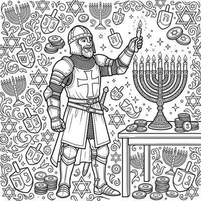 Step into a truly unique celebration with our Teutonic Knight Hanukkah coloring page, blending medieval valor with joyous tradition. This intricate design invites you to bring an unexpected fusion of history and festivity to life with your favorite colors.