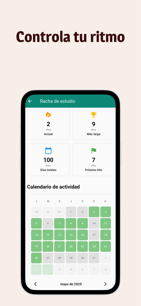 Panel mostrando rachas de estudio y un calendario de actividad para la preparación del examen médico.