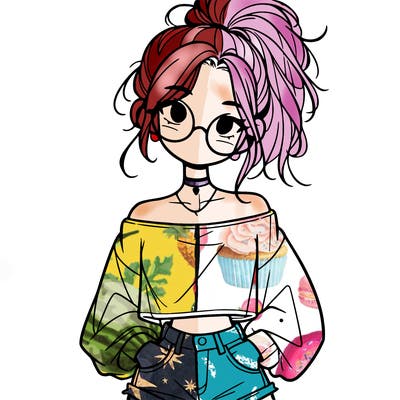 girl with a messy ponytail glasses a baggy crop top and jean shorts