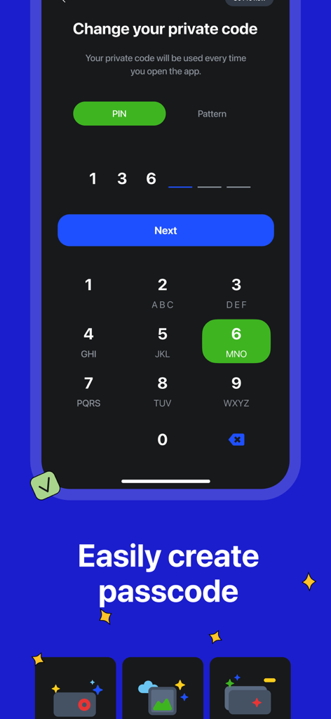 HideU - Caculator Lock - HideU app interface for creating a private PIN or pattern passcode with a numeric keypad