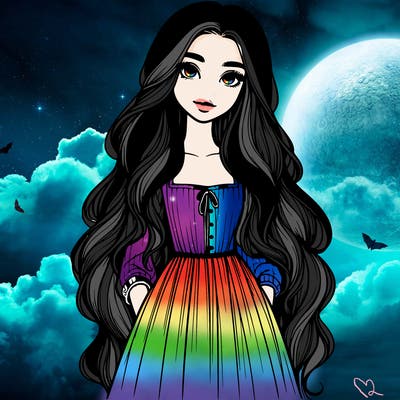 realistic girl with long hair and a wearing long dress
