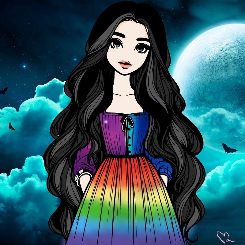 realistic girl with long hair and a wearing long dress