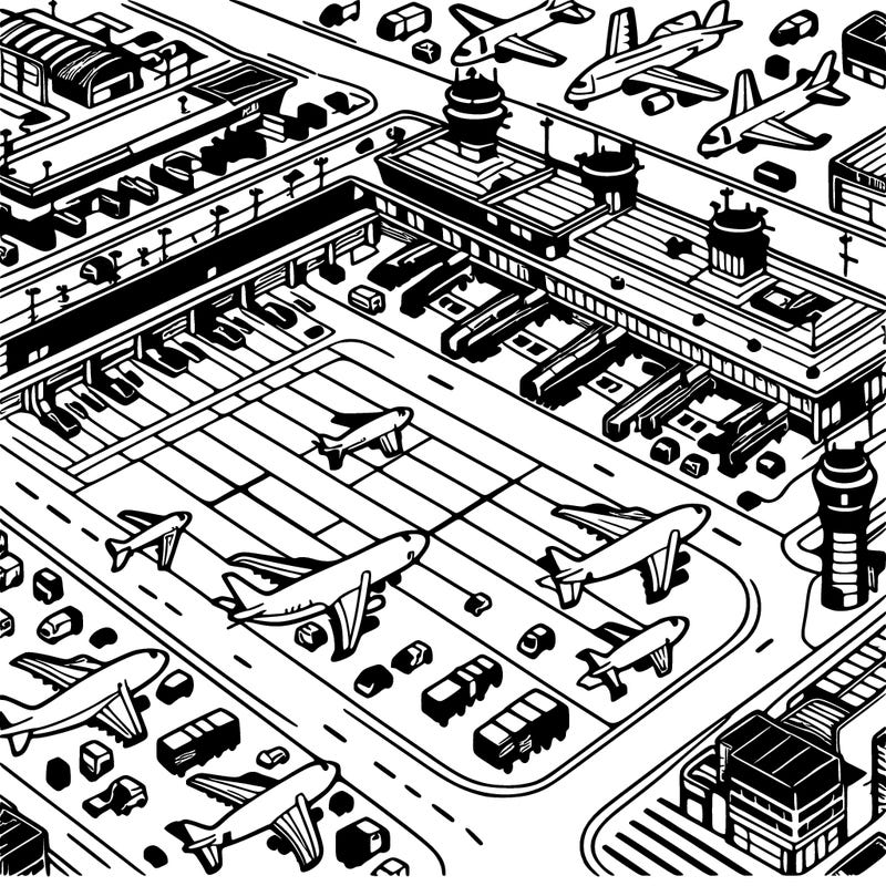 detailed airport scene showing planes terminals and runways