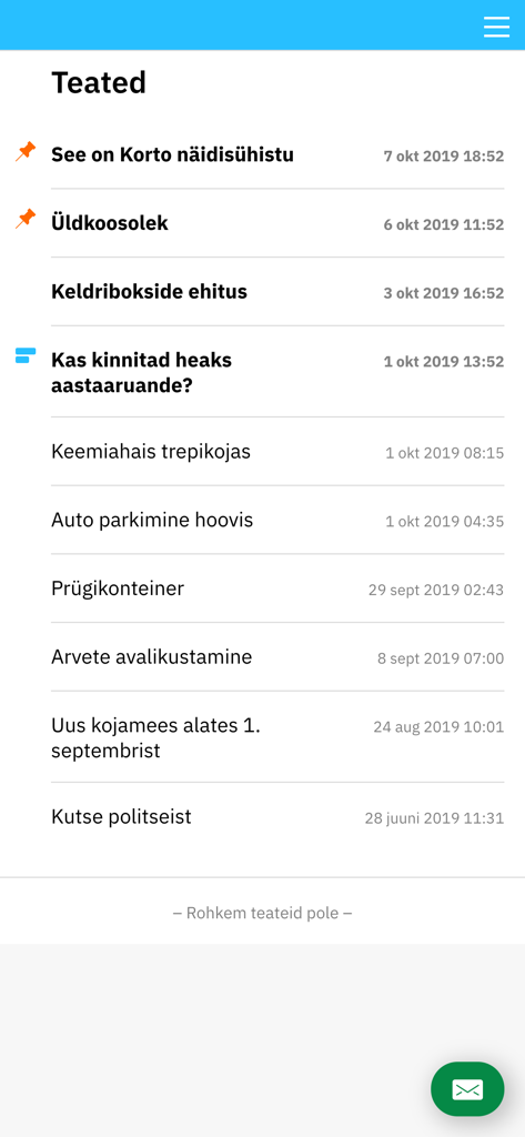 Korto - A mobile app screen showing a list of community announcements maintenance updates and voting requests for homeowners
