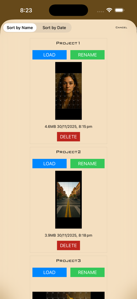 CopyIt The Grid Drawing Method - Una lista de proyectos de dibujo guardados en la aplicación CopyIt con miniaturas de cuadrícula y botones de gestión