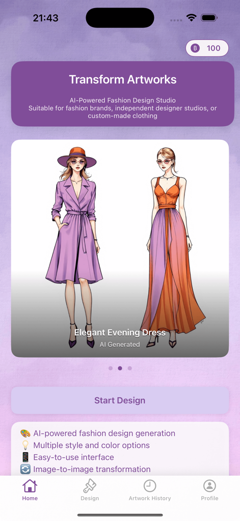 Wivist - Interfaz de la aplicación Wivist mostrando bocetos de moda generados por IA de elegantes vestidos de noche y un botón de Iniciar Diseño.