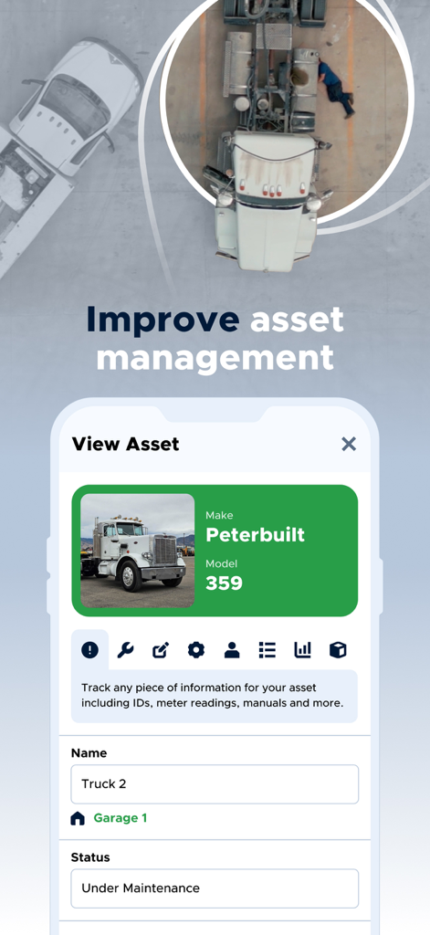 Interface do aplicativo móvel Limble CMMS mostrando detalhes de gestão de ativos para um caminhão, incluindo status e localização