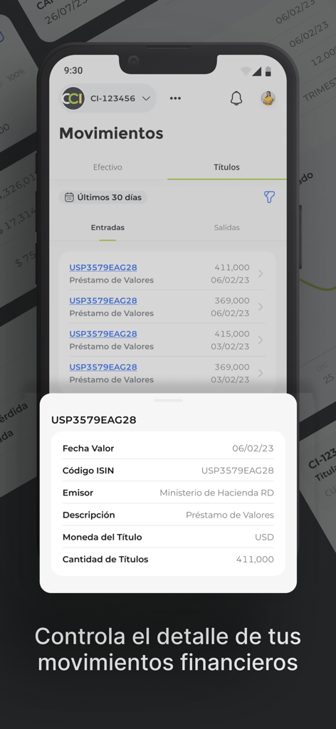 CCI Mobile - Pantalla de la aplicación CCI Mobile que muestra movimientos financieros detallados e información del título de inversión en USD