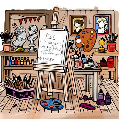 an art studio with canvases, paints, and sculptures