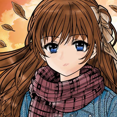 teen anime girl in fall wearing a scarf