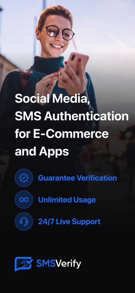 SMSVerify - Virtual SMS Number - A woman using her smartphone with text overlay explaining SMS authentication for social media and e-commerce using the SMSVerify app