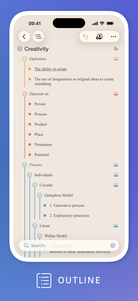 A minimalist hierarchical outline view of a creativity project within the MindNode app on an iPhone.