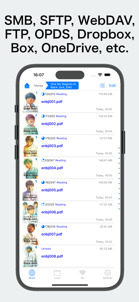 ComicShare - Streaming Reader - Interfaz de la aplicación ComicShare mostrando una lista de archivos de manga con progreso de lectura y protocolos de servidor compatibles, incluyendo SMB, SFTP y Dropbox.