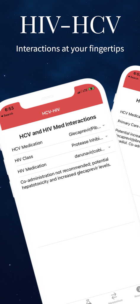 HIV-HCV mobile app interface showing medication interaction results and clinical warnings.