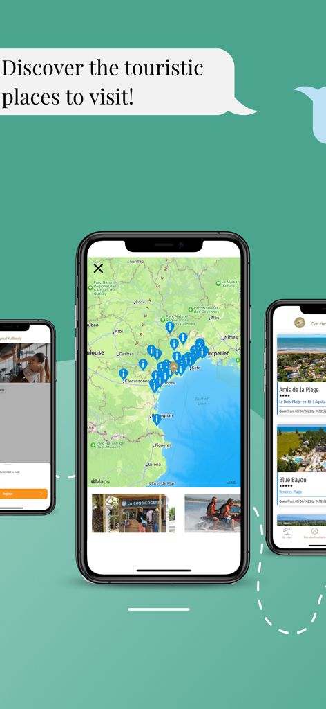 Mobile phone screen showing a map with tourist attractions and luxury campsite locations in the Sandaya app.